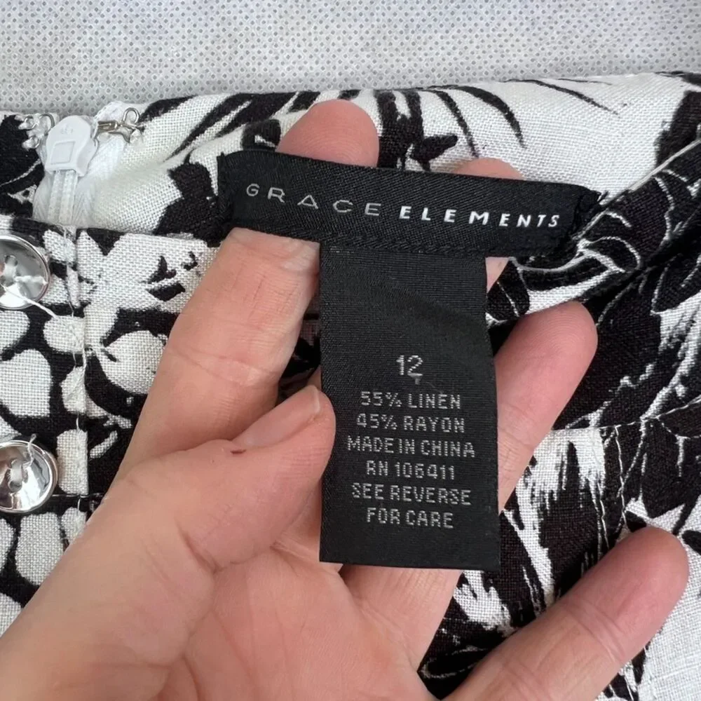 Grace Elements Linen Blend Black White Tropical Floral Midi Skirt Size 12‎
